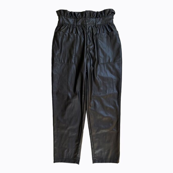 Black Leather Paperbag Cargo Pants Sz4 Ankle High-Rise Y2K 90s Grunge Chic Goth - Picture 1 of 6